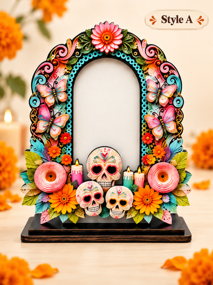 💀 Day of the Dead Wooden Photo Frame – Colorful Memorial Tabletop Décor