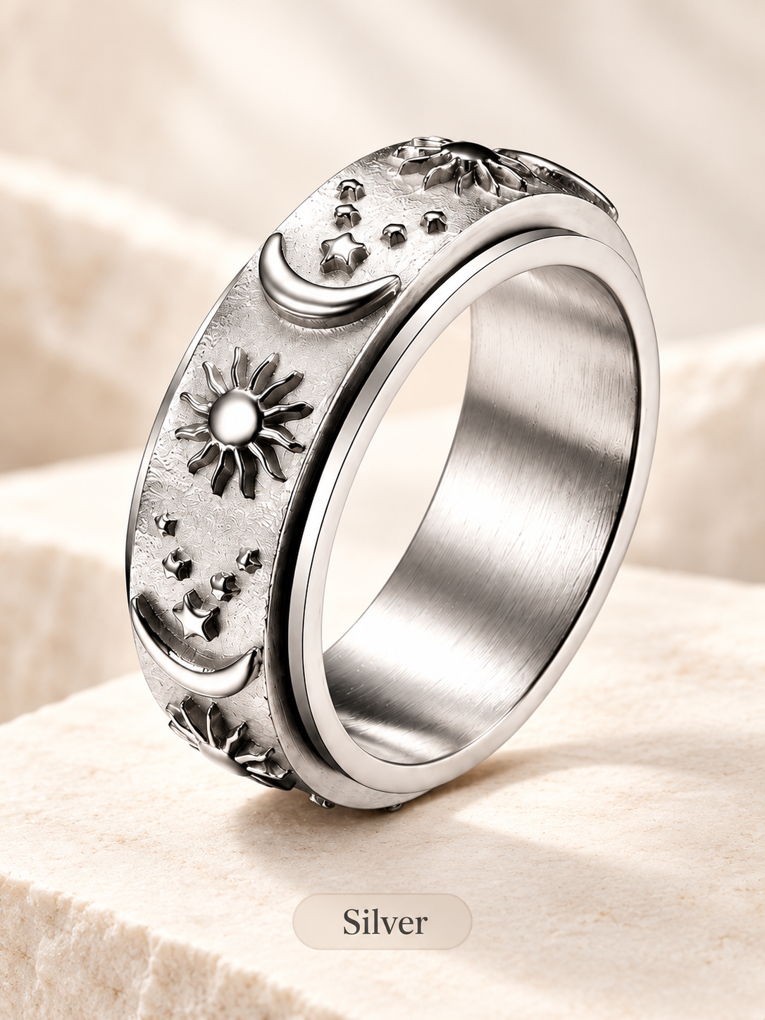 💍Sun‑Moon‑Star Embossed Rotating Spinner Ring Collection