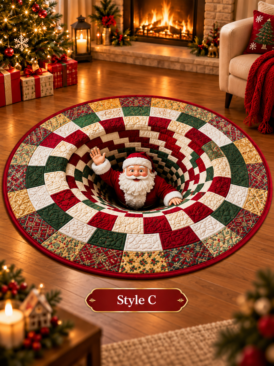 🎄 3D Christmas Optical Illusion Round Rug – Festive Crystal Velvet Holiday Floor Mat