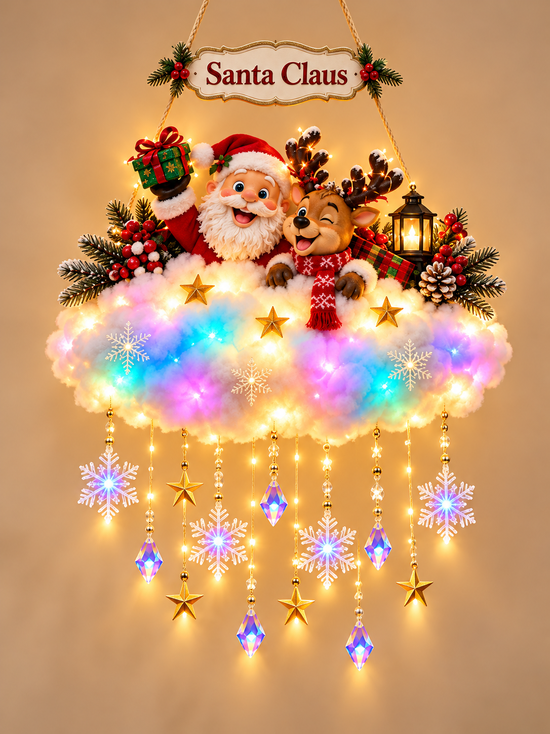🎄 Angelic Christmas Cloud Light – Magical Santa & Reindeer Hanging Holiday Decoration