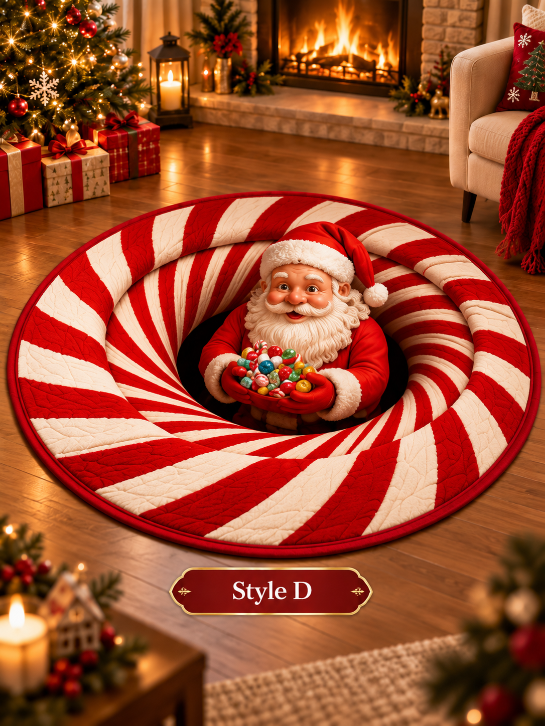 🎄 3D Christmas Optical Illusion Round Rug – Festive Crystal Velvet Holiday Floor Mat