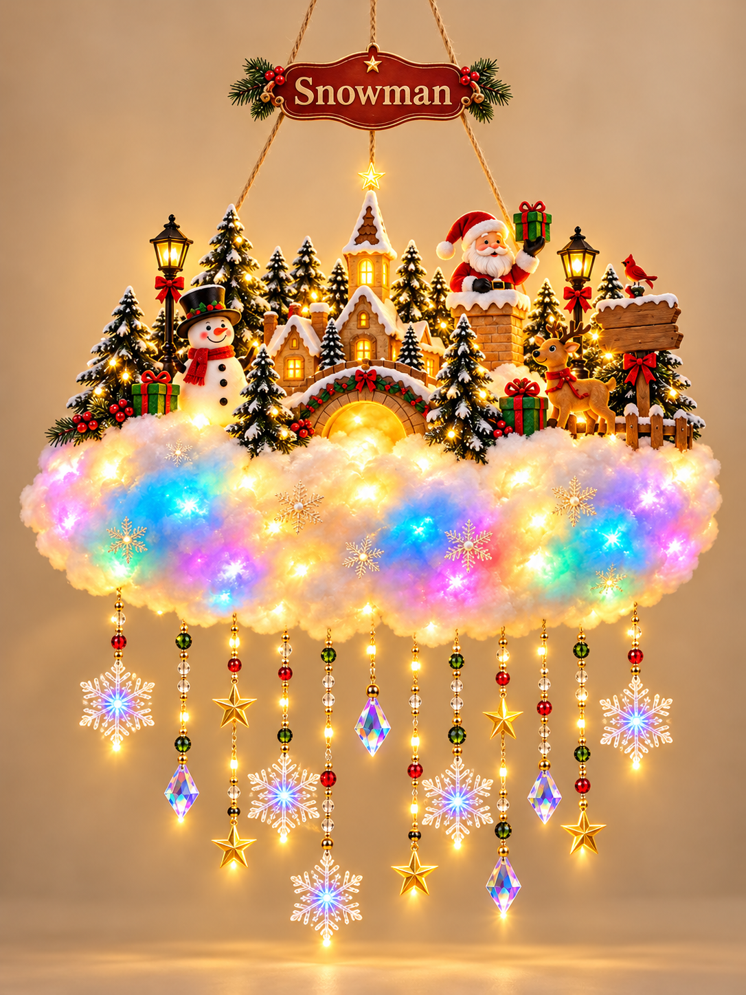 🎄 Angelic Christmas Cloud Light – Magical Santa & Reindeer Hanging Holiday Decoration