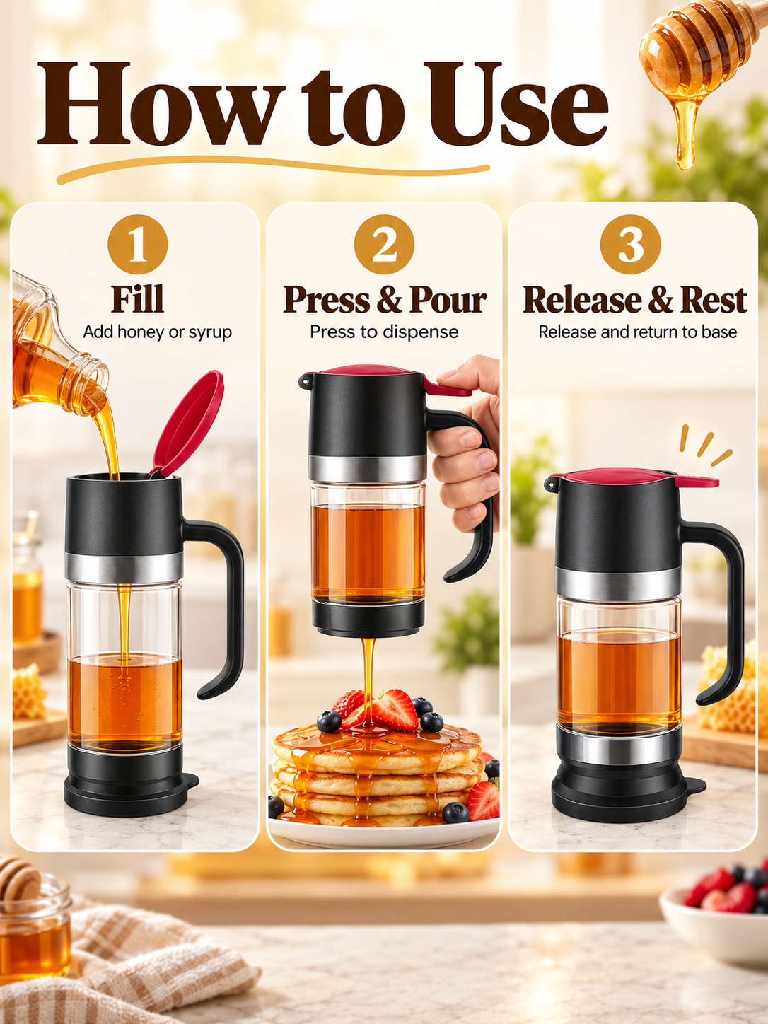 🍯 No-Drip Glass Honey Dispenser – 300ml Rebound-Flow Syrup Jar