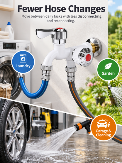💧 Dual-Outlet Faucet – Two Independent Water Connections for Laundry, Garden & Everyday Cleaning