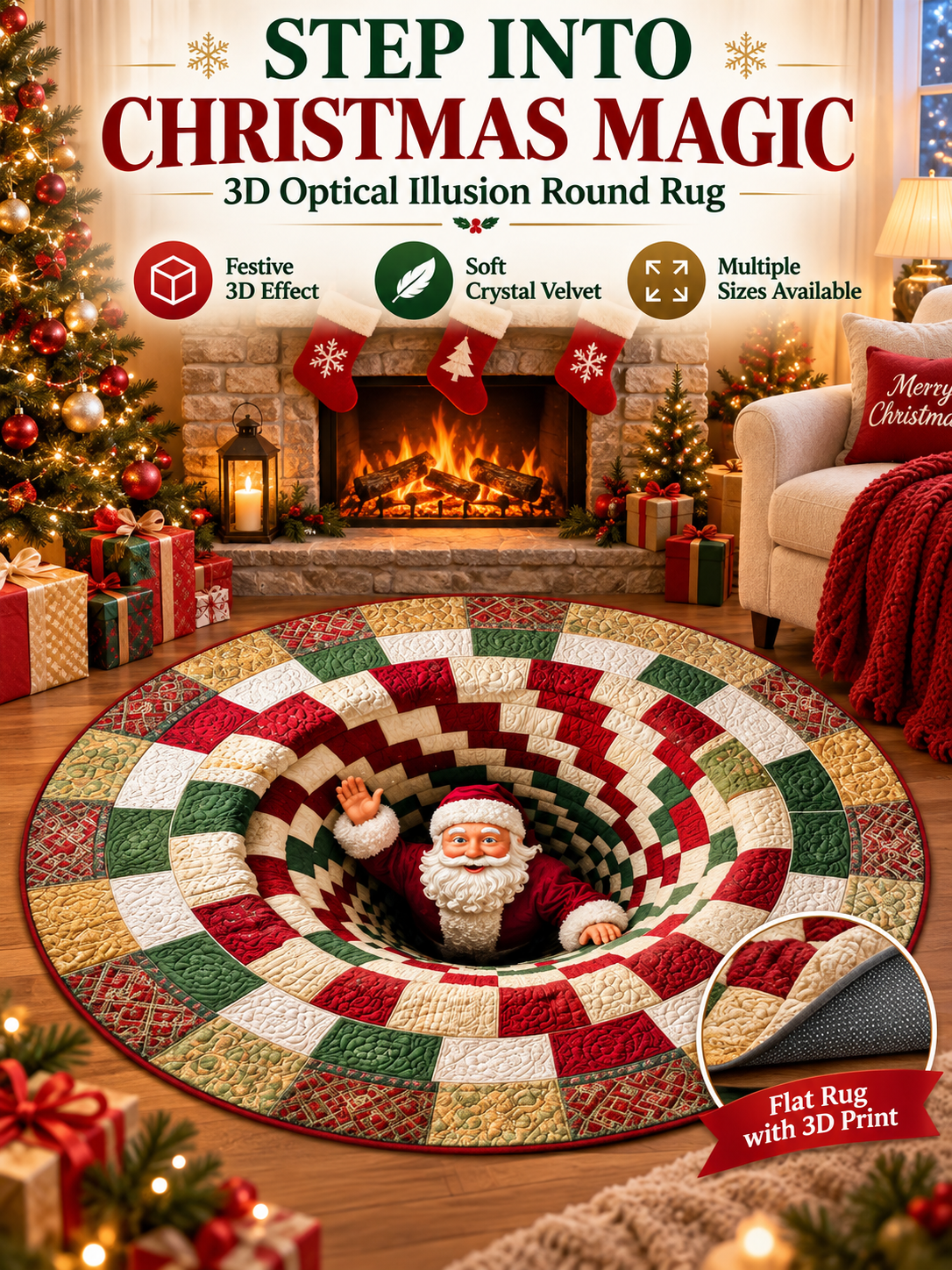🎄 3D Christmas Optical Illusion Round Rug – Festive Crystal Velvet Holiday Floor Mat