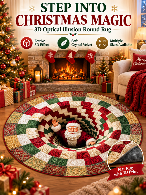 🎄 3D Christmas Optical Illusion Round Rug – Festive Crystal Velvet Holiday Floor Mat