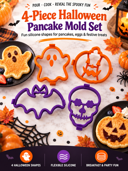 🎃 4-Piece Halloween Pancake Mold Set – Ghost, Pumpkin, Bat & Skull Silicone Shapers