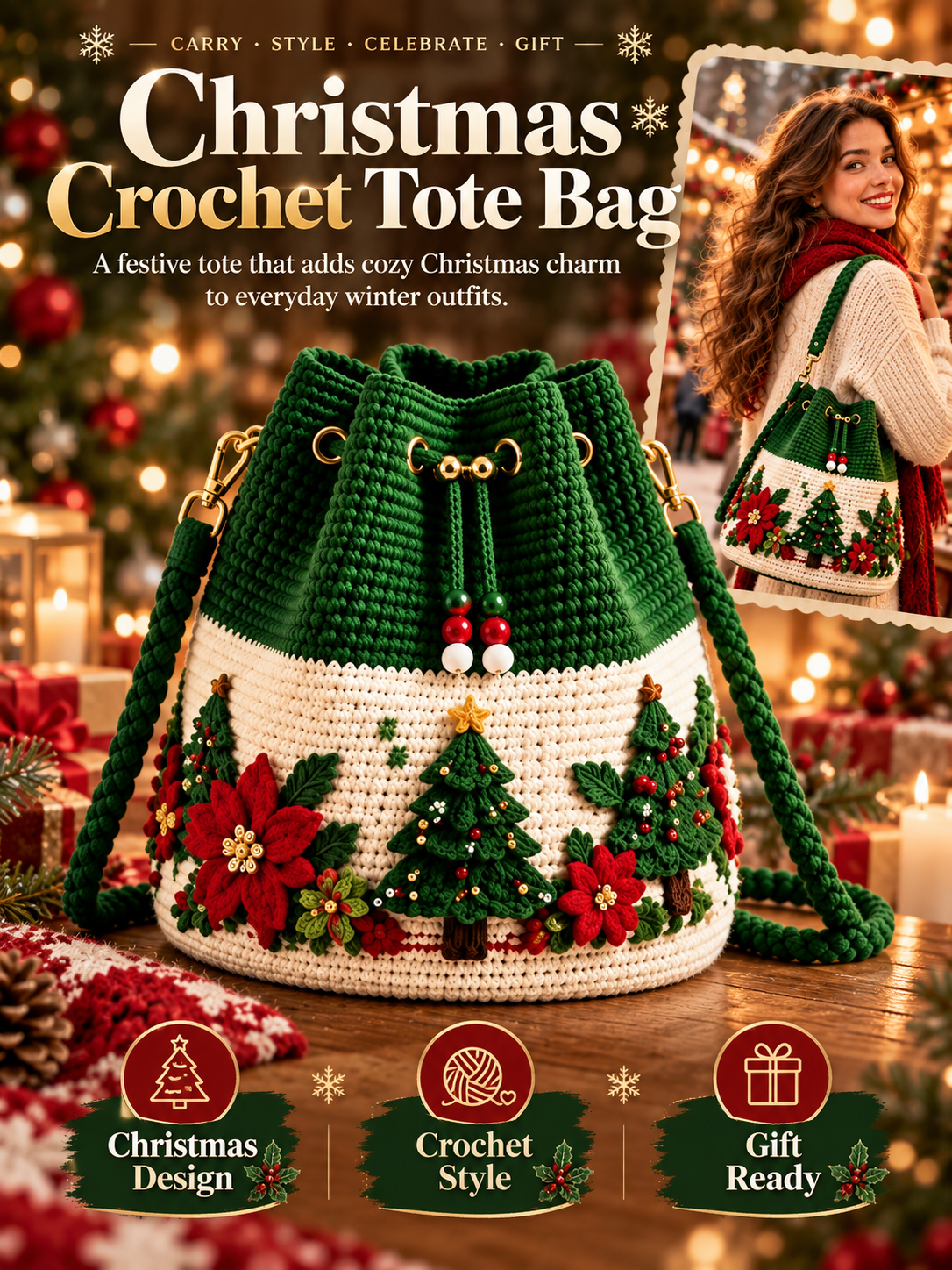 🎄 Christmas Crochet-Style Bucket Bag — Festive Charm for Every Outfit & a Thoughtful Gift for Her 🎁