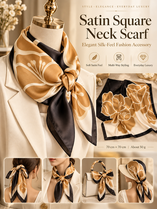 ✨ Satin Square Neck Scarf – Elegant Black & Champagne Fashion Accessory
