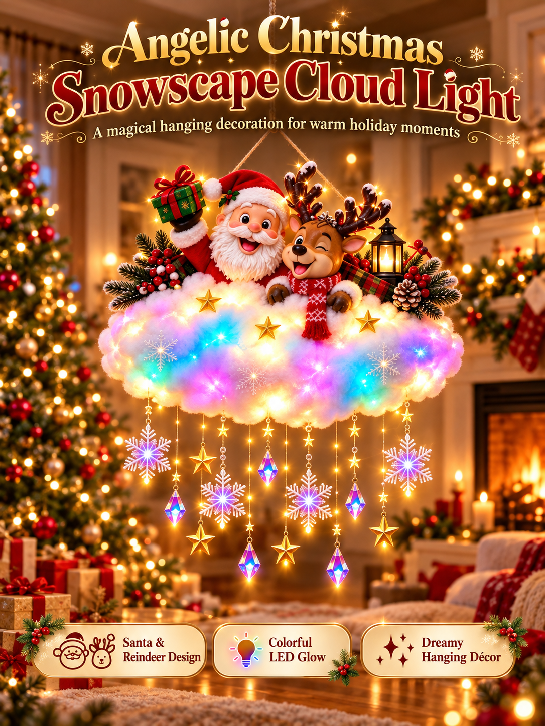 🎄 Angelic Christmas Cloud Light – Magical Santa & Reindeer Hanging Holiday Decoration