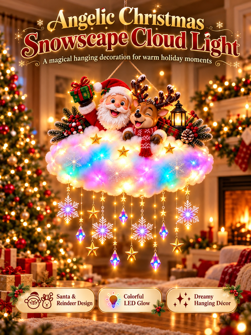 🎄 Angelic Christmas Cloud Light – Magical Santa & Reindeer Hanging Holiday Decoration