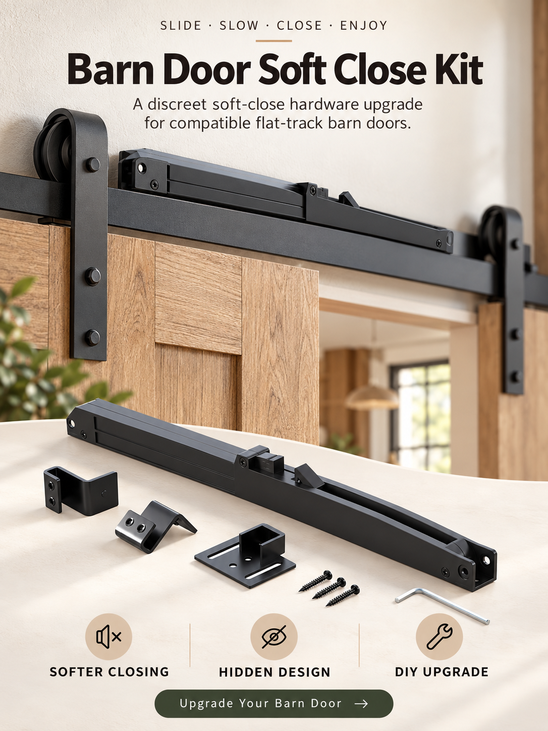 🚪 Barn Door Soft Close Kit – Hidden Anti-Slam Damper Hardware for 88–132 lb Flat Track Sliding Doors
