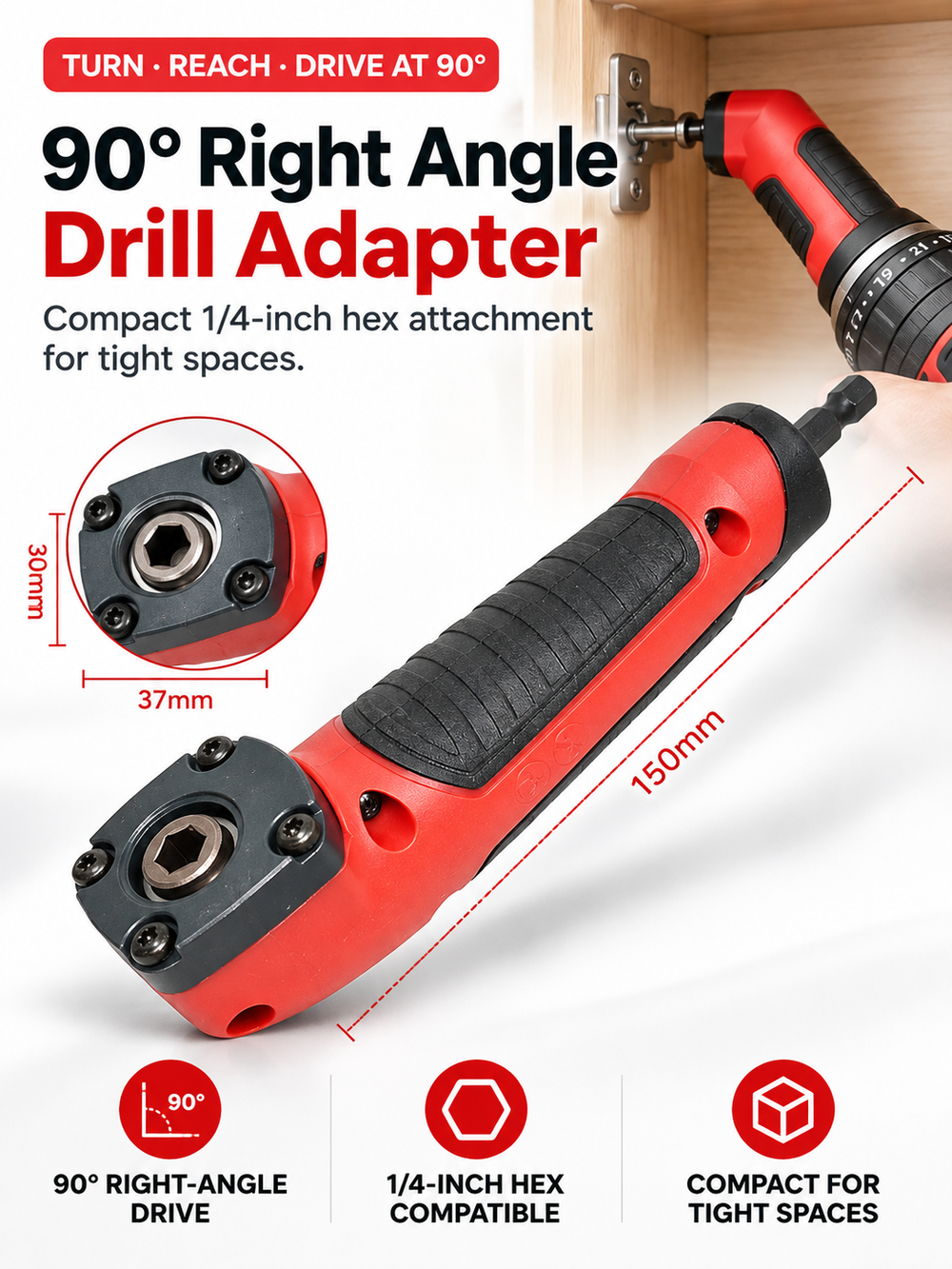 🔧 1/4" Right Angle Drill Adapter – High-Torque 90° Driver for Tight Spaces