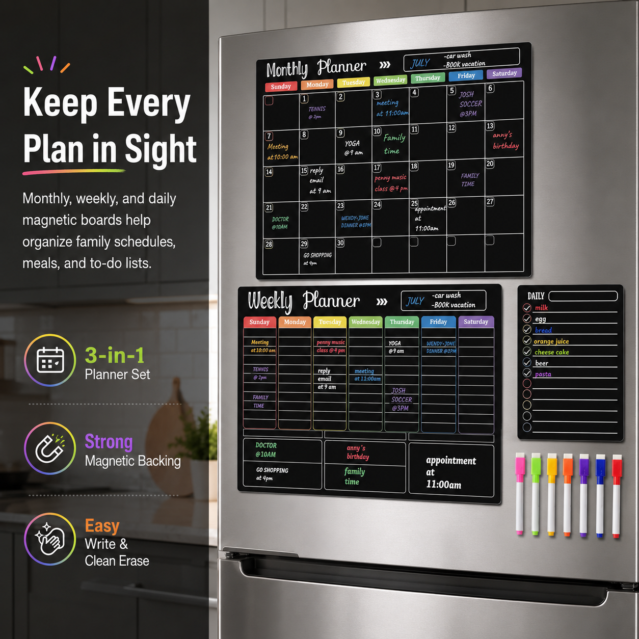 📅 Black Magnetic Dry Erase Boards Set of 3 | Ultimate Fridge Organizer & Planner ✨