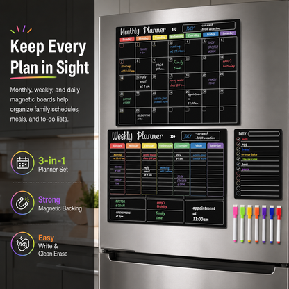 📅 Black Magnetic Dry Erase Boards Set of 3 | Ultimate Fridge Organizer & Planner ✨