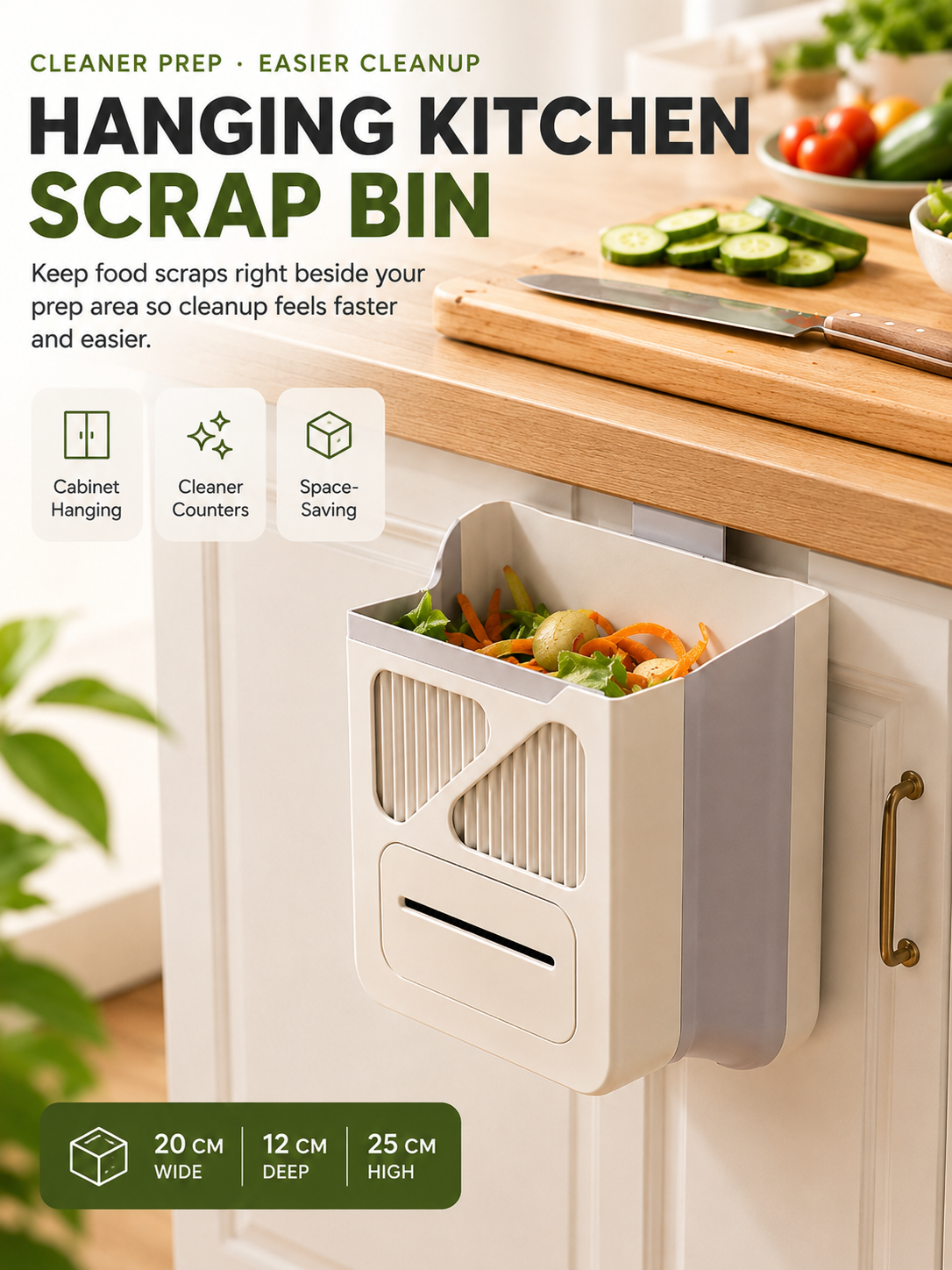 🥕 Hanging Kitchen Trash Bin – Cleaner Countertop Scrap Bin