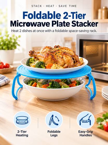 🍽️ Foldable 2-Tier Microwave Plate Stacker – Space-Saving Heating Rack with Side Handles
