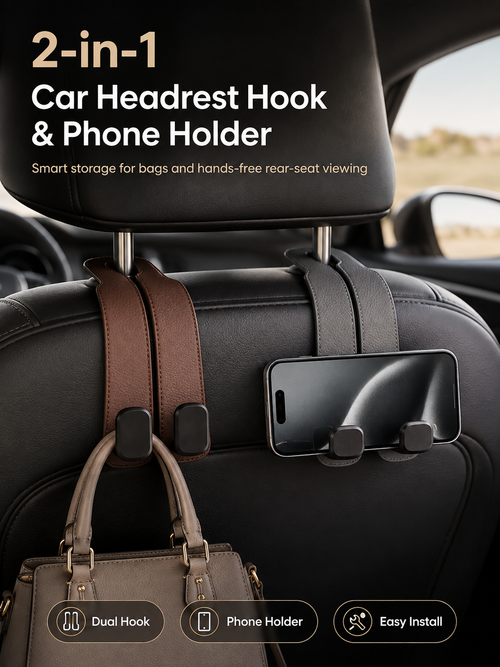 🚗2-in-1 Car Headrest Hook &amp; Phone Holder