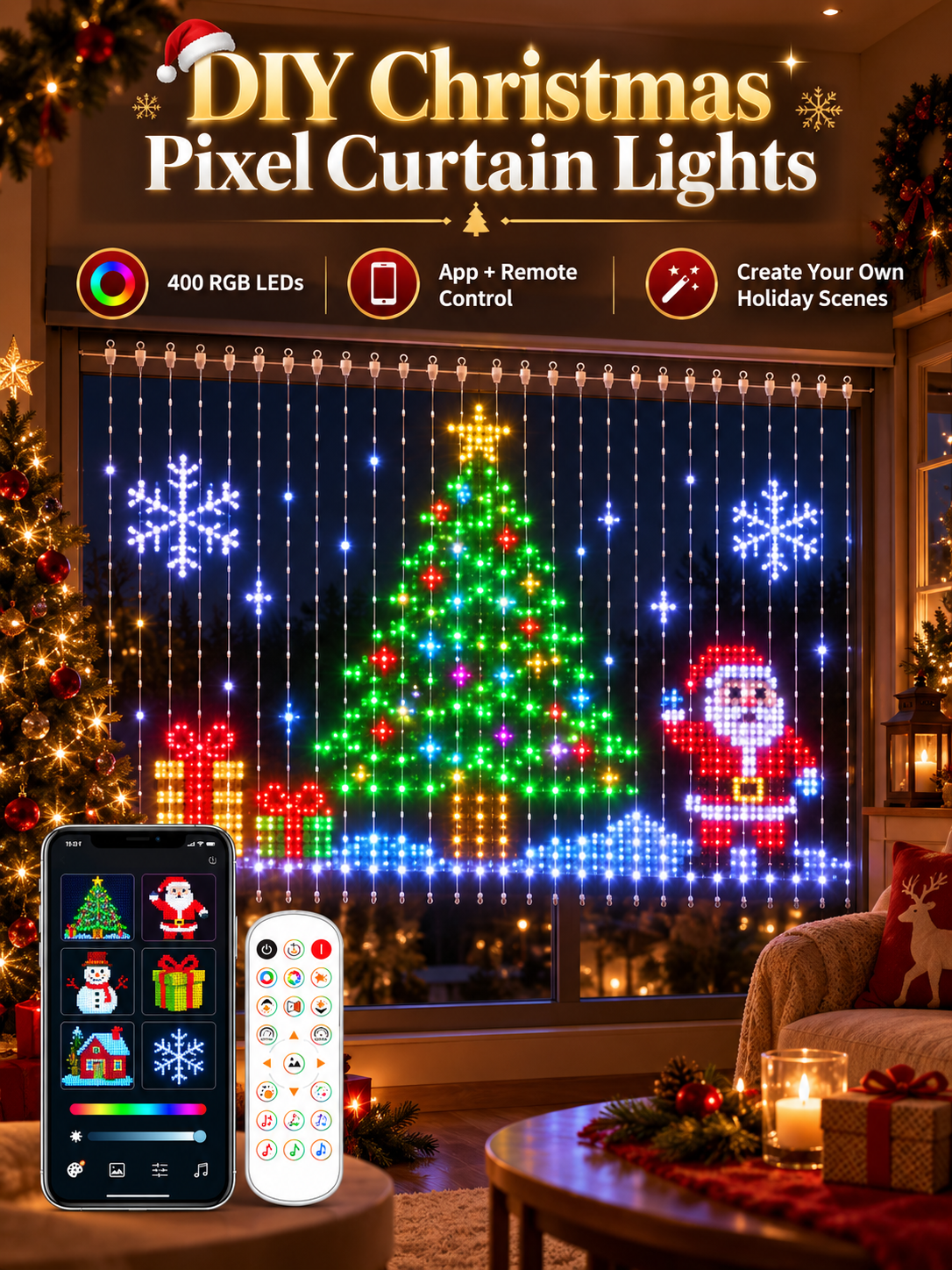 🎄 DIY Christmas Pixel Curtain Lights – App-Controlled 400 LED Animated Display