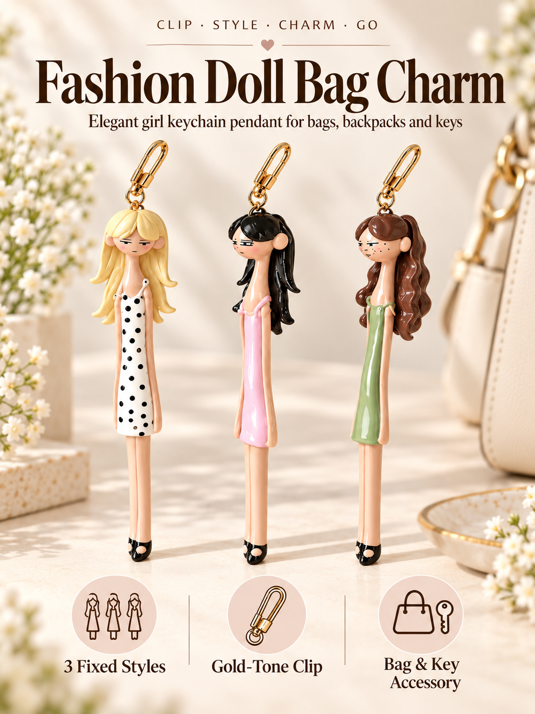 👗 Fashion Doll Bag Charm – Elegant Girl Keychain Pendant