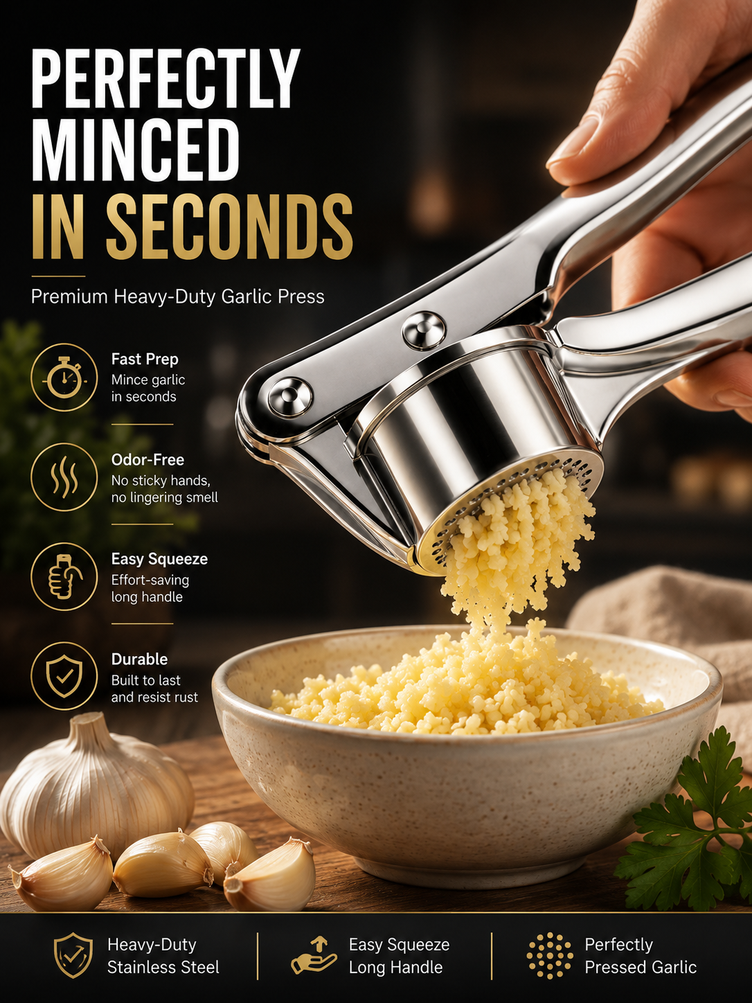 🧄 Heavy-Duty Stainless Steel Garlic Press – Fresh Minced Garlic in Seconds