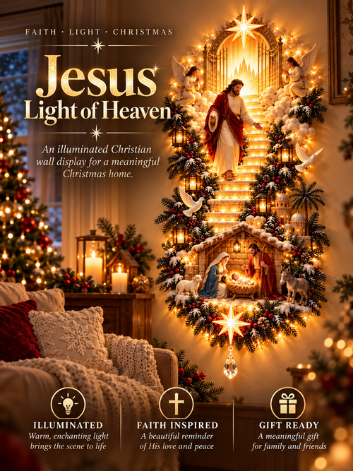 ✨ Jesus Light of Heaven Christmas Wall Hanging | Illuminated Nativity Stairway Decor ✝️