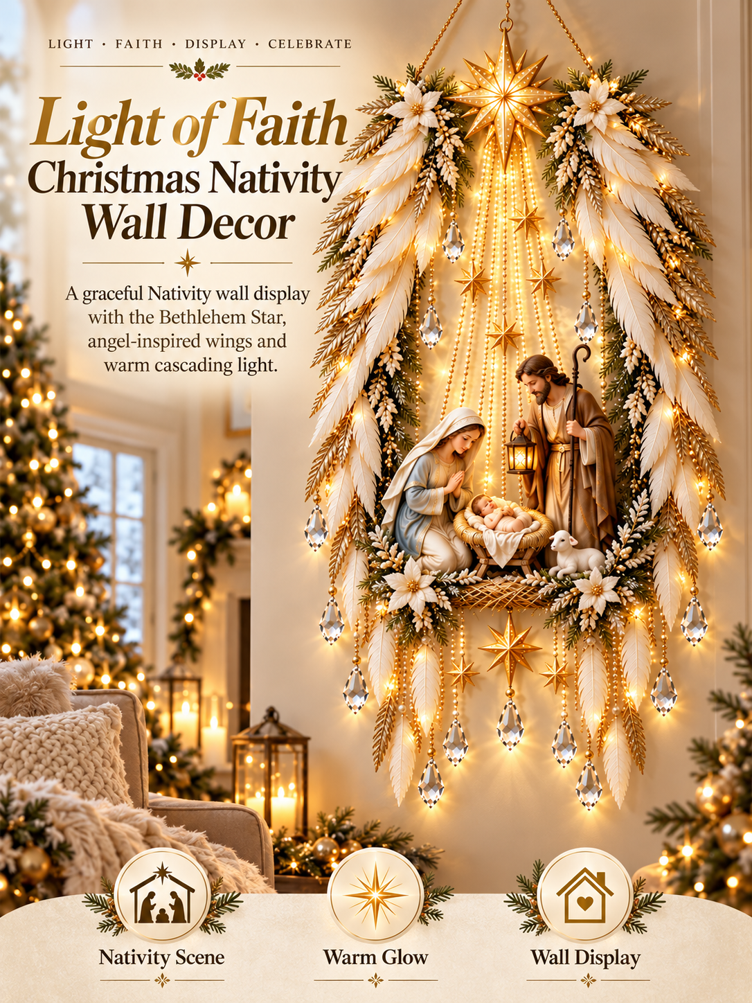 Angel Wings Nativity Light | Illuminated Christmas Wall Decor