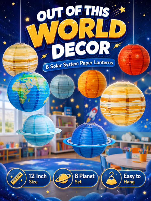 ❤️8pcs Planet Paper Lanterns, 12 Inch Outer Space Party Decorations | Solar System Hanging Planets Lantern, for Kids, Space Theme Party, Birthday Room Decorations