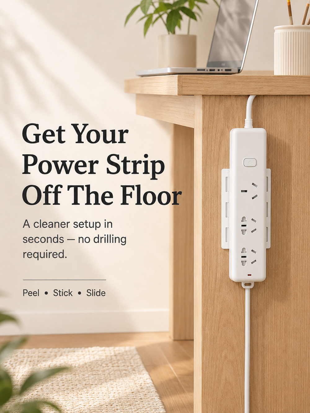 🔌5 Counts   Punch-Free Power Strip Holder – Peel, Stick & Organize