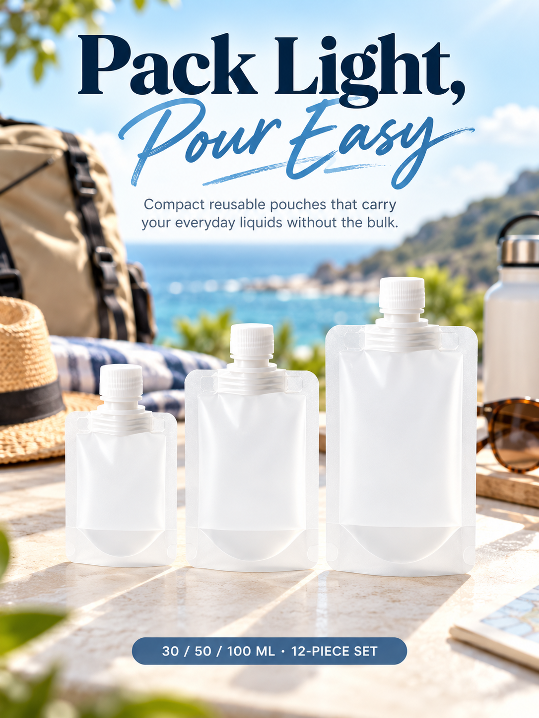 12 Counts Reusable Plastic Pouches, Versatile Liquid Carriers for Picnics and Outings
