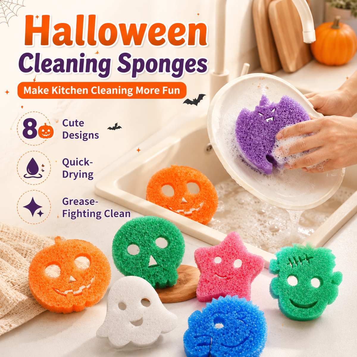 Eight colorful Halloween character cleaning sponges