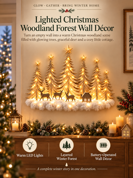 🎄 Lighted Christmas Woodland Wall Décor – Warm LED Forest Scene with Deer & Cottage