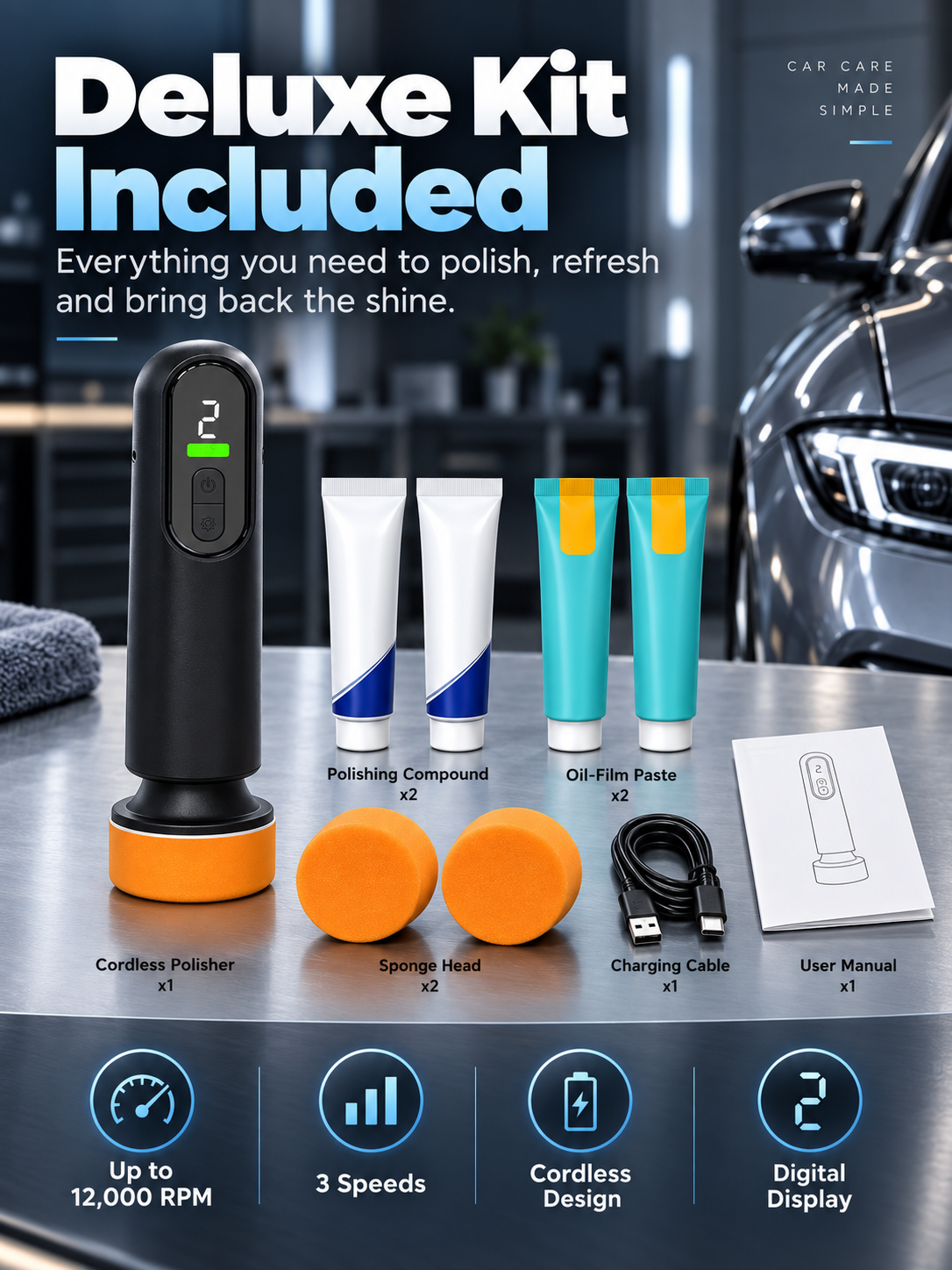🚗 Cordless 3-Speed Car Polisher – 12,000 RPM Deluxe Scratch & Shine Detailing Kit