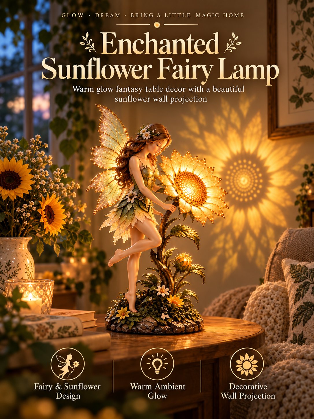 🧚 Enchanted Sunflower Fairy Lamp – Warm Glow Fantasy Table Decor