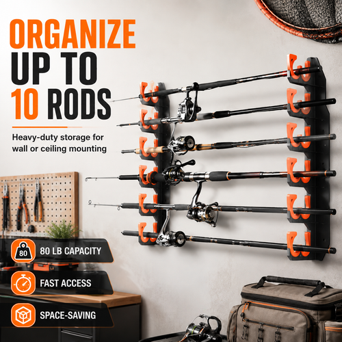 Heavy-Duty 10-Rod Garage Fishing Pole Holder – Wall & Ceiling Mount Organizer