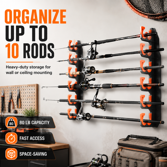 Heavy-Duty 10-Rod Garage Fishing Pole Holder – Wall & Ceiling Mount Organizer