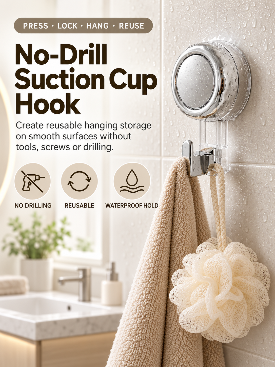 Suction Cup Hooks for Shower | Waterproof No Drill Wall Hooks