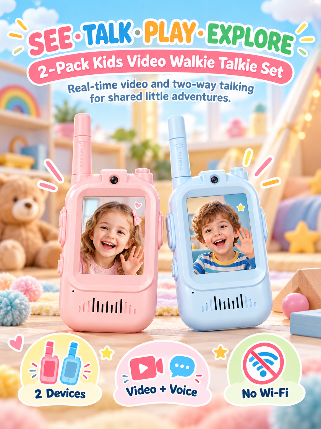 🌈Kids Video Walkie Talkie Set (2-Pack) – Intercom with Camera & Screen