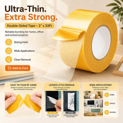 Heavy Duty Double Sided, Strong Adhesive PET Tape, Removable No Residue