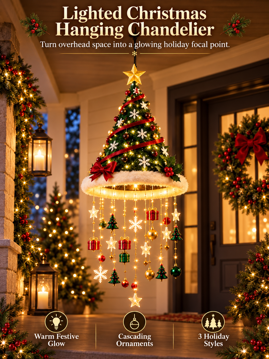 🎄 Lighted Christmas Hanging Chandelier – Tree & Santa Hat Holiday Décor