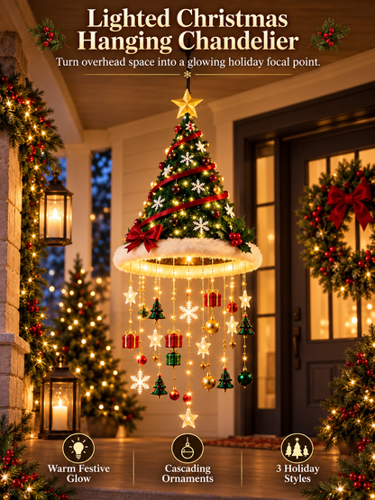 🎄 Lighted Christmas Hanging Chandelier – Tree & Santa Hat Holiday Décor