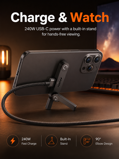 ⚡ 240W USB-C Charging Cable with Phone Stand – 90° Multi-Angle Design