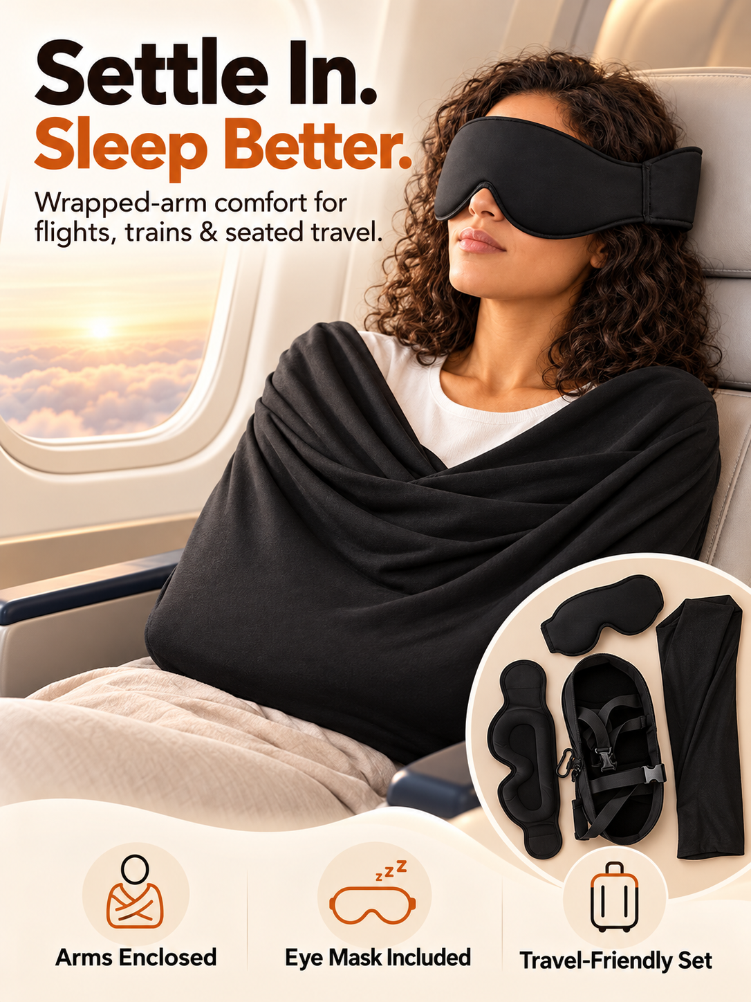 ✈️ Arm-Wrapping Travel Sleep System – Wraparound Comfort & Eye Coverage