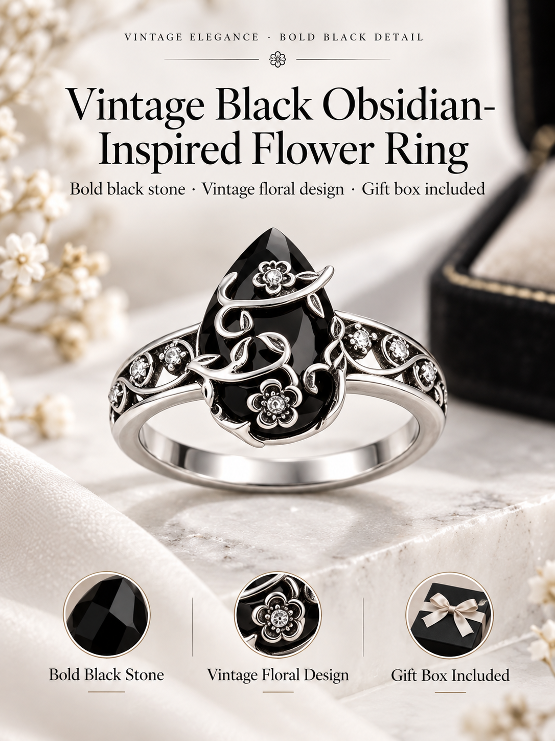 🌸 Vintage Boho Floral Gem Ring – Elegant Silver-Tone Women’s Statement Jewelry