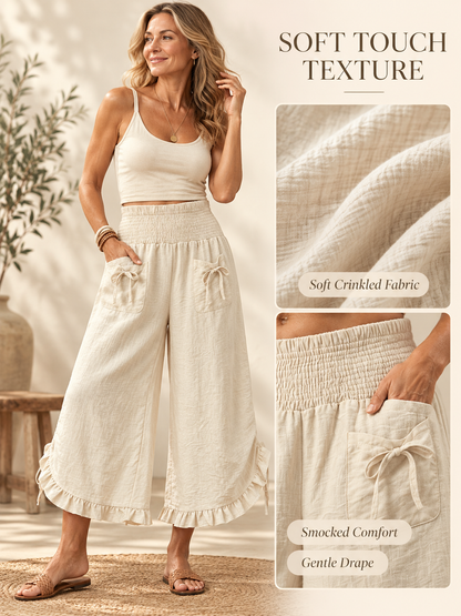 🌿 Plus Size Ruffle-Hem Wide-Leg Pants – Relaxed Vintage Casual Trousers