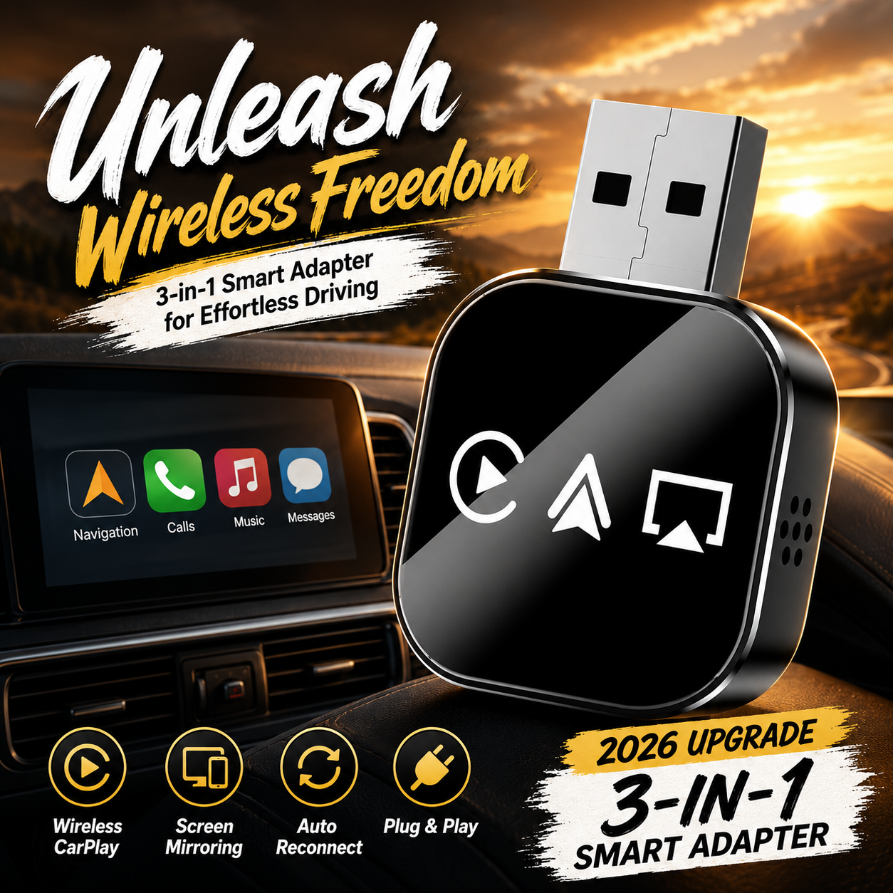 🔥2026 Upgraded 3-in-1 Wireless CarPlay Adapter | Plug & Play Mini AirPlay Mirror Link