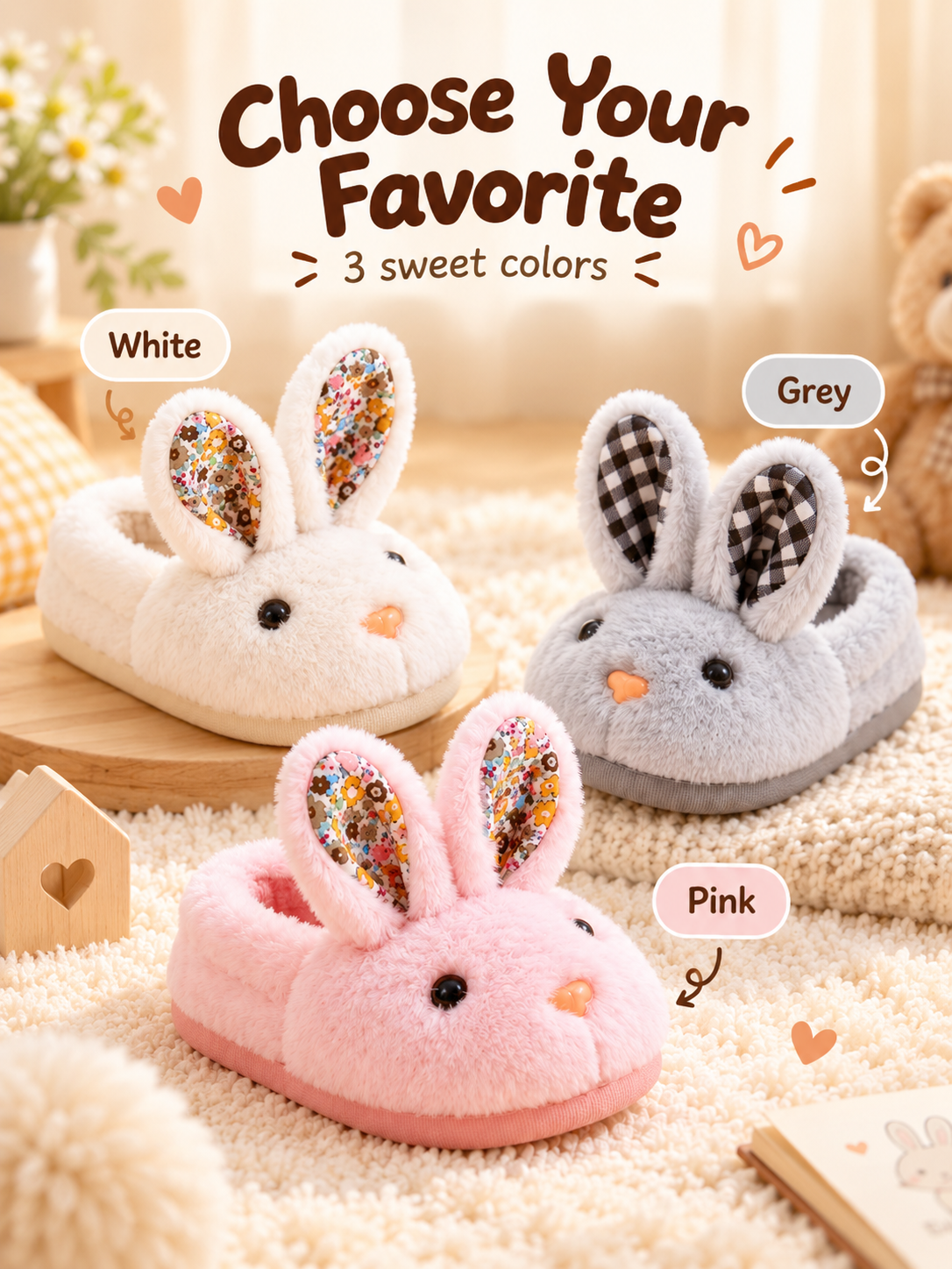🐰 Cozy 3D Bunny Plush Slippers for Kids – Soft Warm Indoor House Shoes