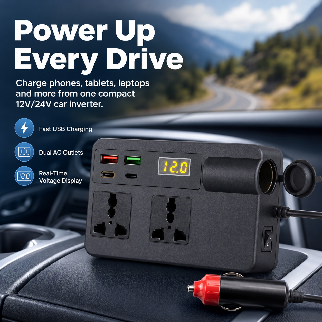 ⚡ Portable Car Power Inverter – Turn Your Vehicle Into a Mobile Power Station | QC3.0 Fast Charging & USB Power Supply