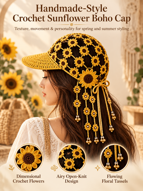 🌻 Handmade-Style Crochet Sunflower Boho Cap – Open-Knit Floral Tassel Baseball Hat