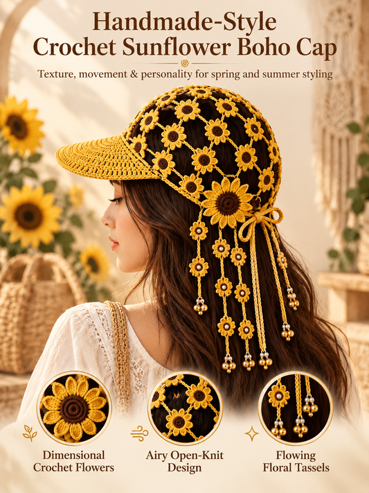 🌻 Handmade-Style Crochet Sunflower Boho Cap – Open-Knit Floral Tassel Baseball Hat